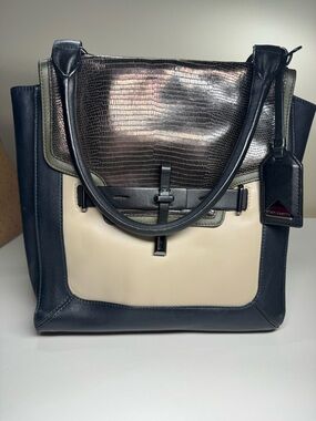 Vince Camuto “Max” Colorblock Leather Tote - Blue, Cream & Olive - EUC